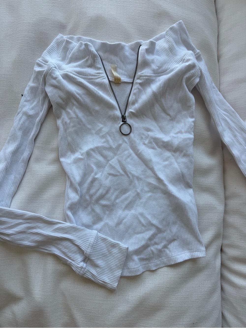 NEW Free People Ribbed Off-Shoulder Long Sleeve Top with Front Zip - White